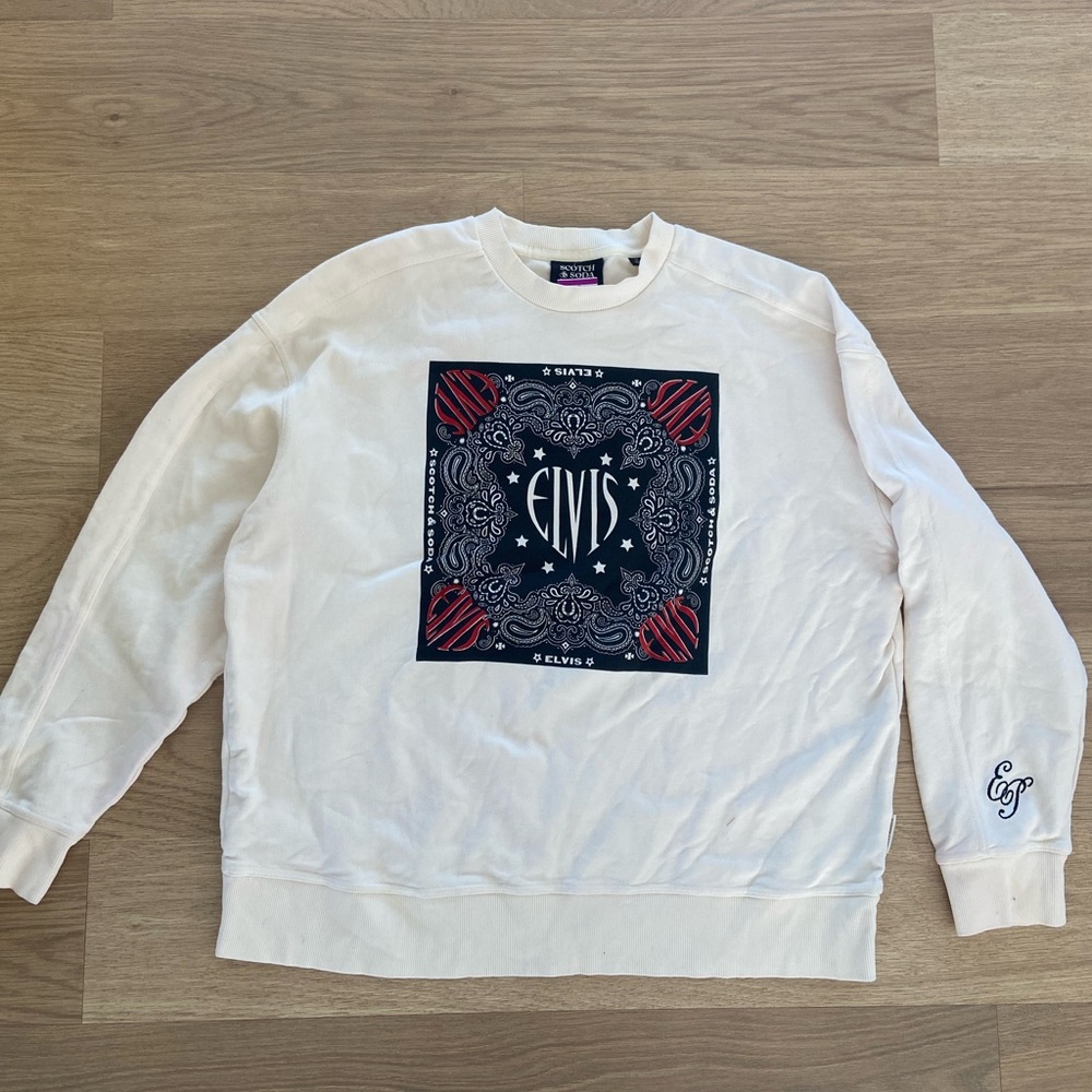 Scotch & Soda Elvis XL Graphic Sweatshirt Pullover Cream Rock Biker Music Street